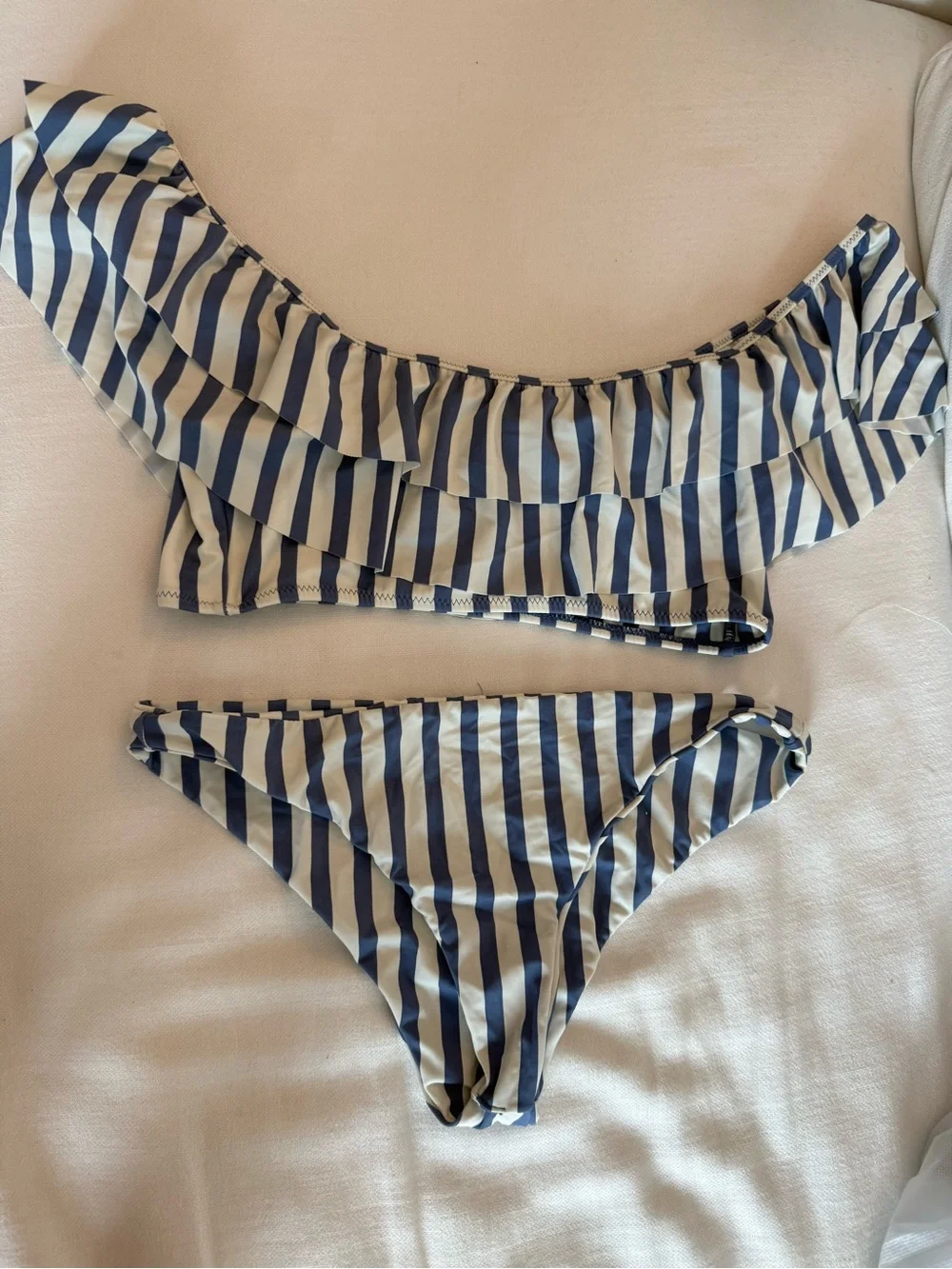 AMUSE SOCIETY (L)- Blue and White ruffle bandeau top and matching bottom